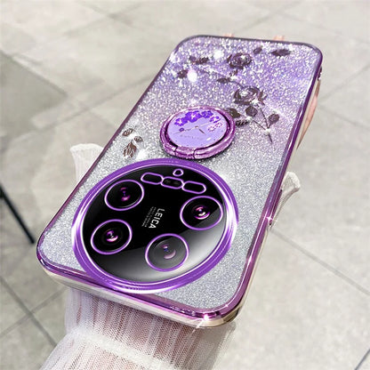 KADEM For Xiaomi 14 Ultra Case Kickstand Rhinestone Flower Anti-Scratch TPU Phone Cover
