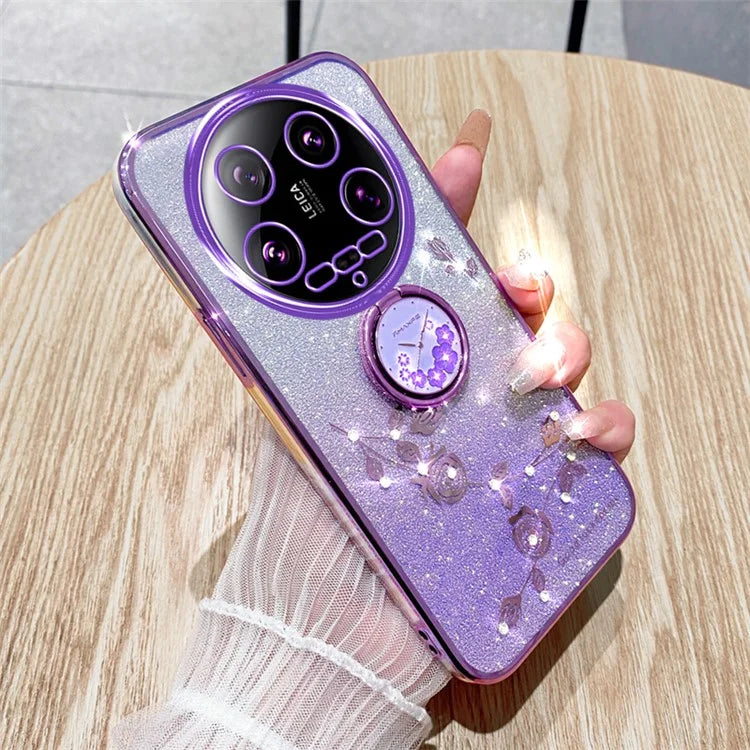 KADEM For Xiaomi 14 Ultra Case Kickstand Rhinestone Flower Anti-Scratch TPU Phone Cover
