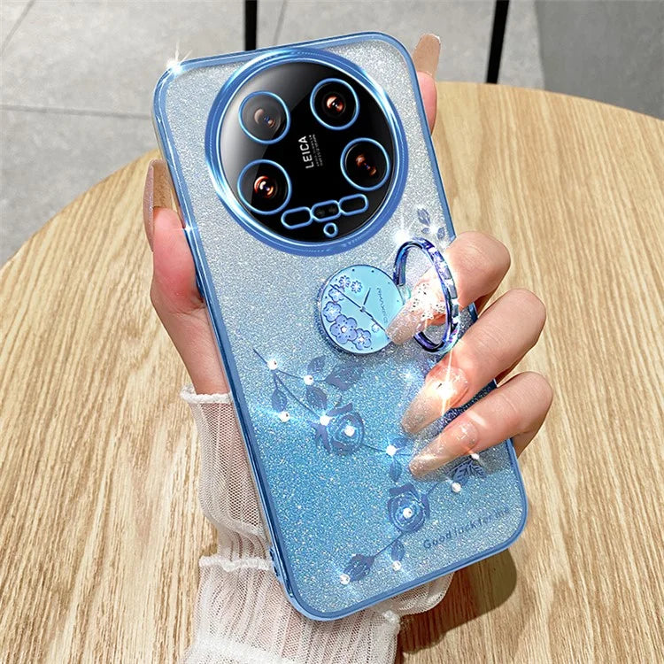 KADEM For Xiaomi 14 Ultra Case Kickstand Rhinestone Flower Anti-Scratch TPU Phone Cover