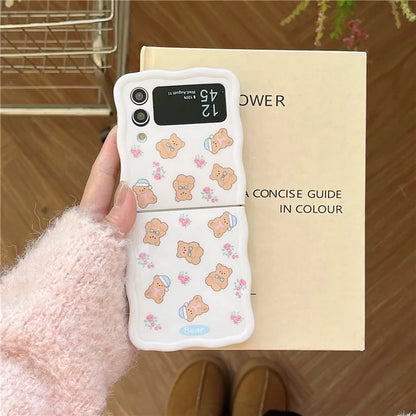 For Samsung Galaxy Z Flip4 5G Case IMD Cute Bear Flower Pattern Hard PC Phone Cover