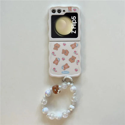 For Samsung Galaxy Z Flip5 5G Case Bear Flower Pattern Back Phone Cover with Beaded Wrist Strap
