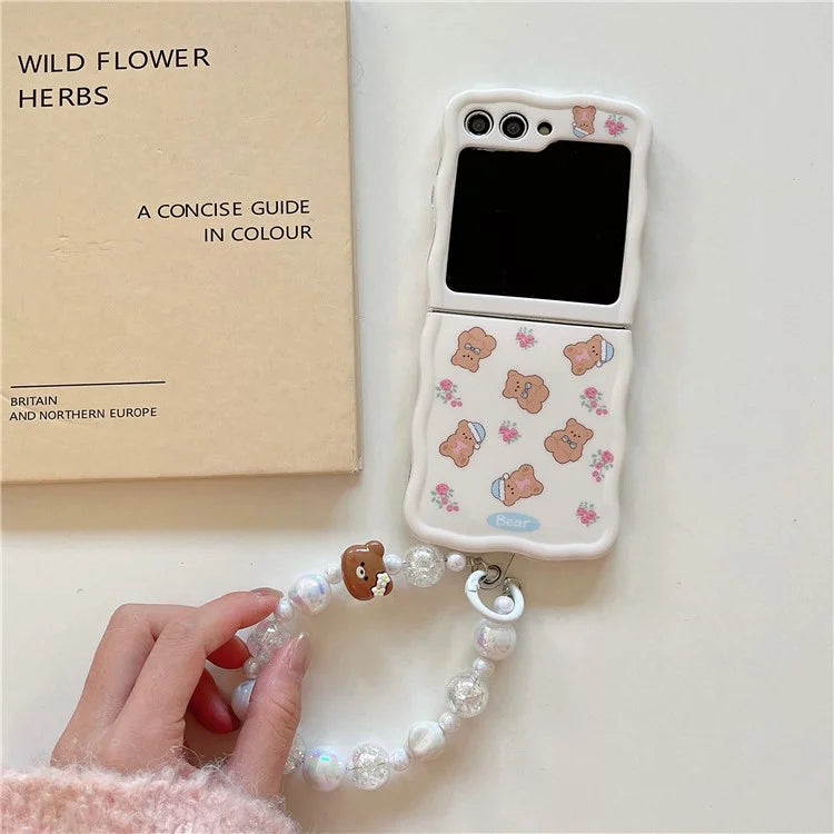 For Samsung Galaxy Z Flip5 5G Case Bear Flower Pattern Back Phone Cover with Beaded Wrist Strap