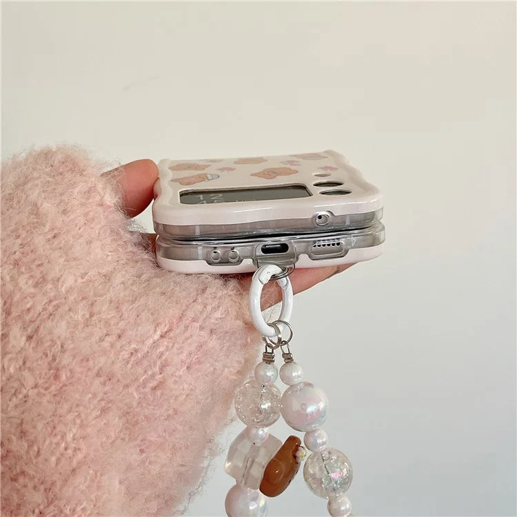 For Samsung Galaxy Z Flip5 5G Case Bear Flower Pattern Back Phone Cover with Beaded Wrist Strap