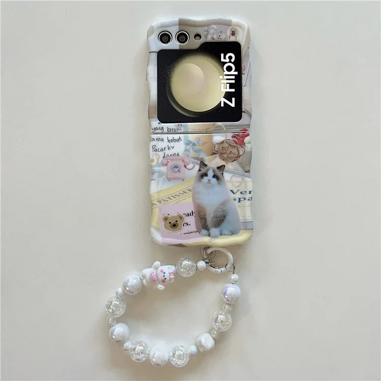For Samsung Galaxy Z Flip5 5G Case Cute Cat Pattern PC Back Shell with Beaded Hand Strap