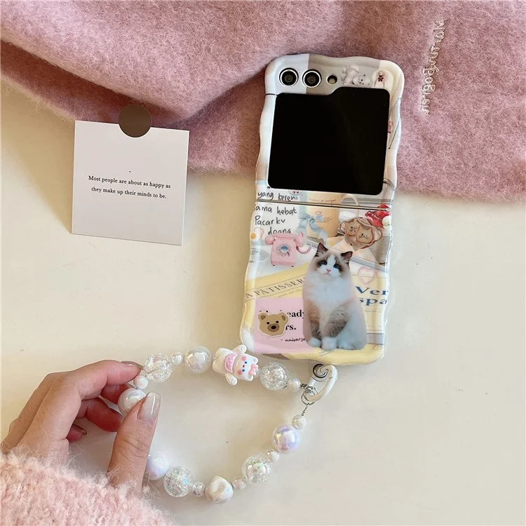 For Samsung Galaxy Z Flip5 5G Case Cute Cat Pattern PC Back Shell with Beaded Hand Strap