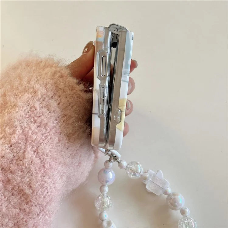 For Samsung Galaxy Z Flip5 5G Case Cute Cat Pattern PC Back Shell with Beaded Hand Strap