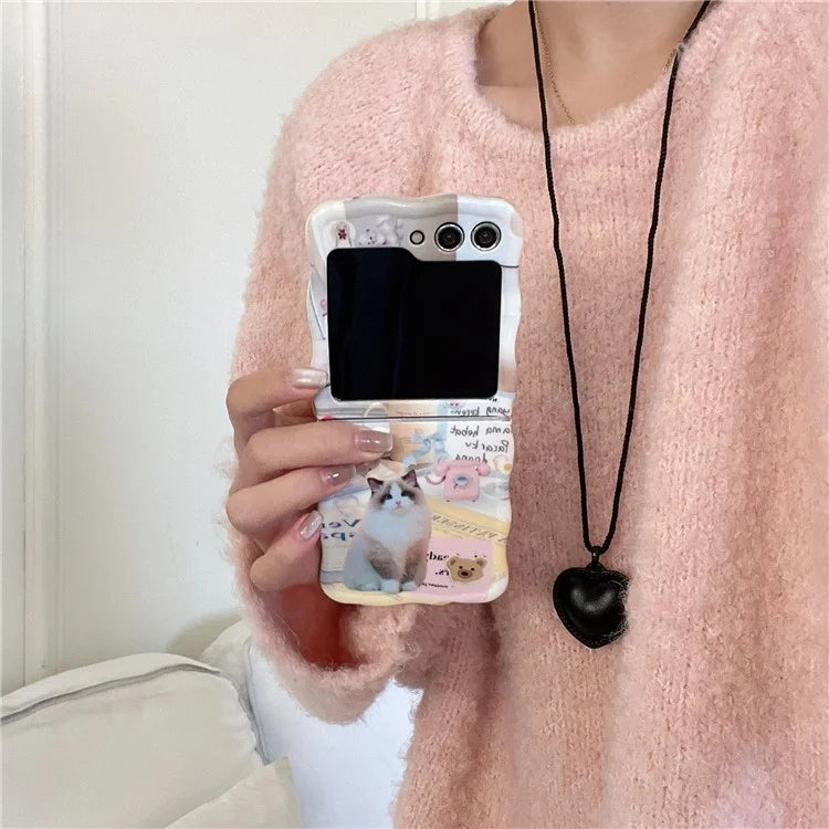 For Samsung Galaxy Z Flip5 5G Case Cute Cat Pattern PC Back Shell with Beaded Hand Strap