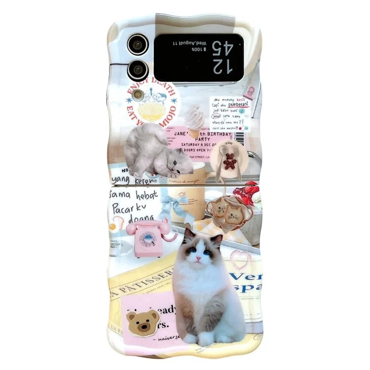 For Galaxy Z Flip4 5G Case IMD Cat Pattern Wavy Edges Hard PC Phone Cover