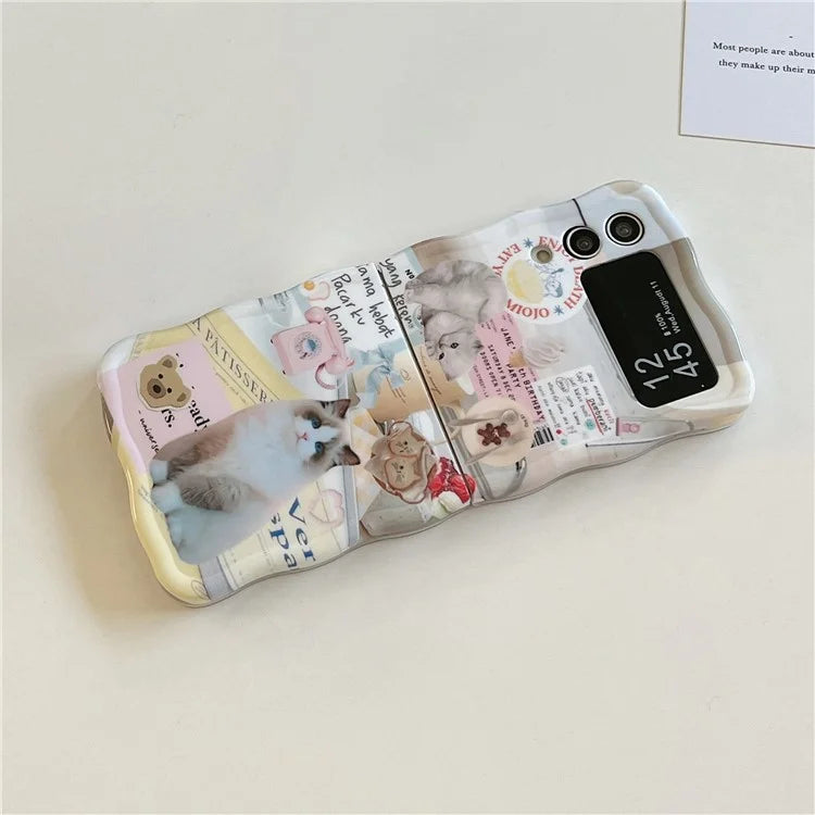 For Galaxy Z Flip4 5G Case IMD Cat Pattern Wavy Edges Hard PC Phone Cover
