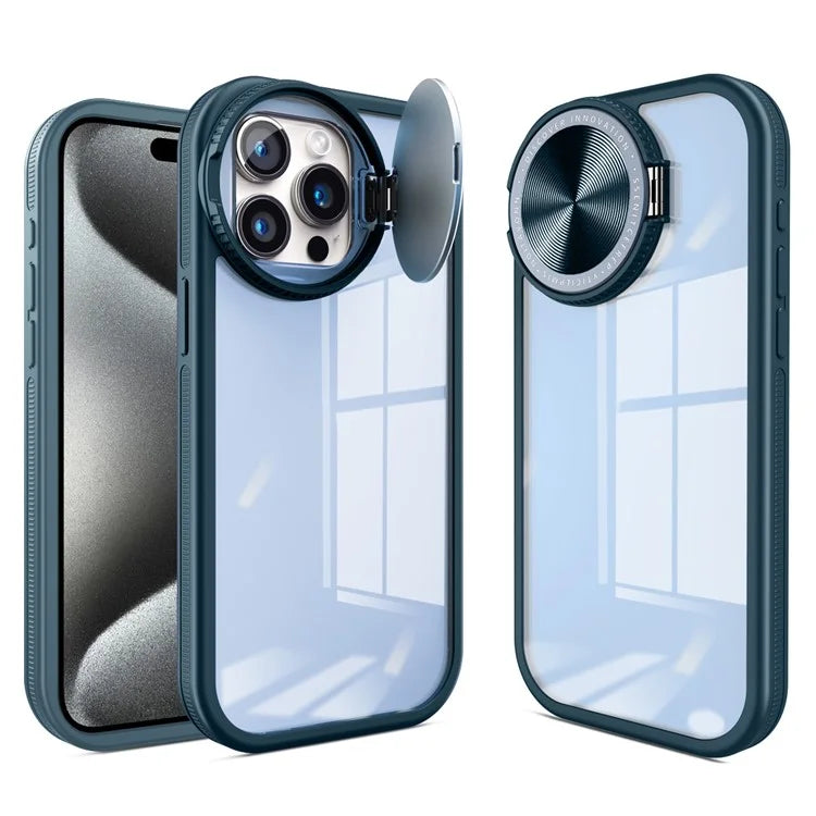 For iPhone 14 Pro Mirror Case Lens Shield Kickstand TPU Frame Clear PC Back Phone Cover