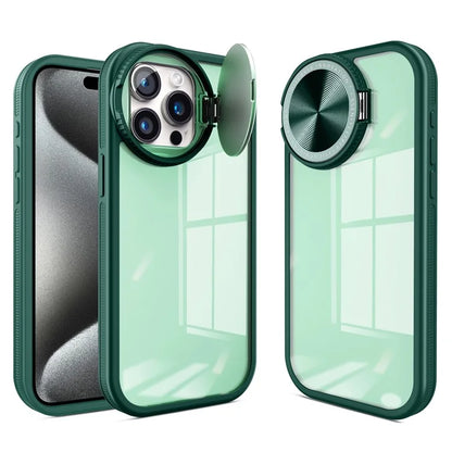 For iPhone 14 Pro Mirror Case Lens Shield Kickstand TPU Frame Clear PC Back Phone Cover