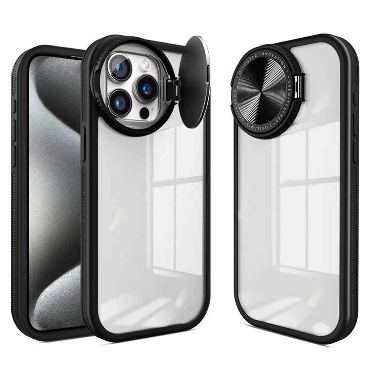 For iPhone 13 Pro Clear Case Lens Cover Kickstand PC + TPU Mirror Phone Shell