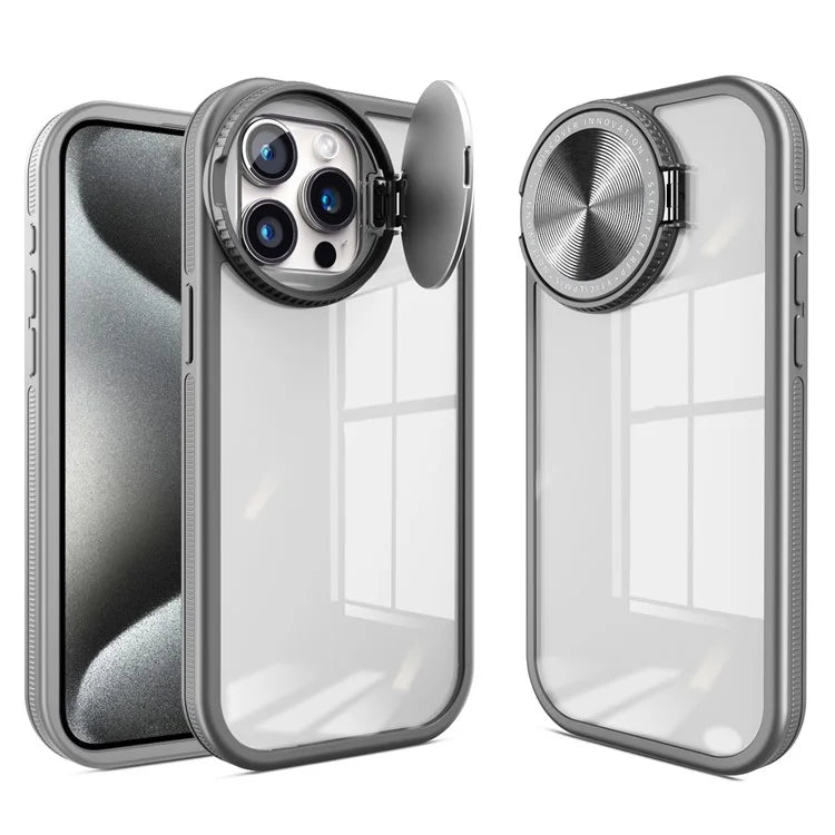 For iPhone 13 Pro Clear Case Lens Cover Kickstand PC + TPU Mirror Phone Shell