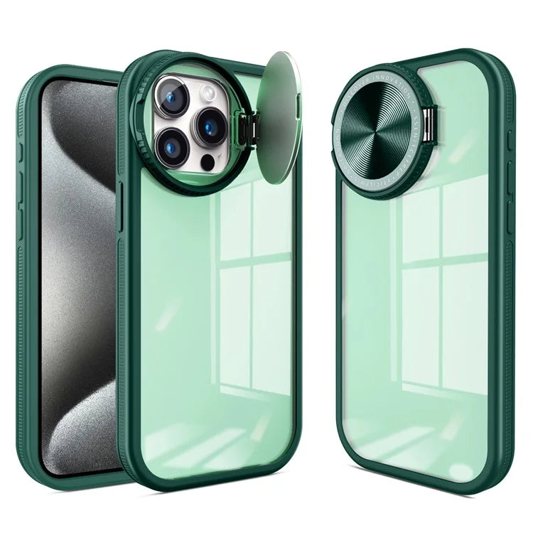 For iPhone 13 Pro Clear Case Lens Cover Kickstand PC + TPU Mirror Phone Shell