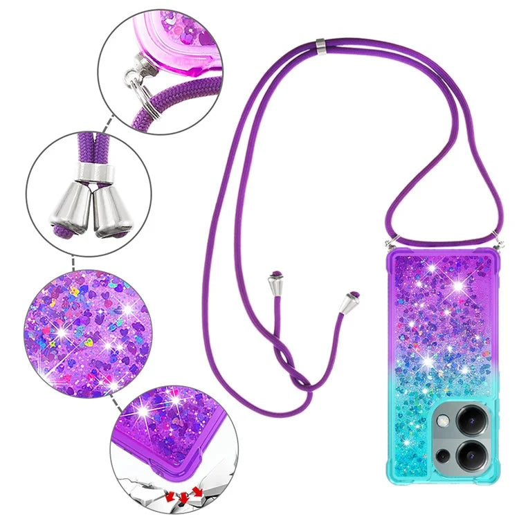 YB Quicksand Series-6 For Xiaomi Redmi Note 13 Pro 4G / Poco M6 Pro 4G Sequins Quicksand Case TPU Phone Cover with Lanyard