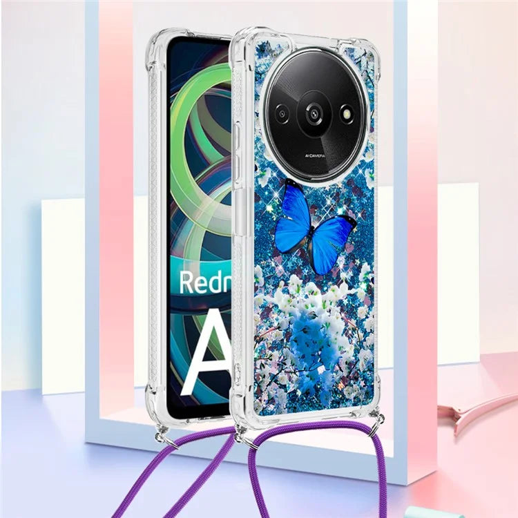 YB Quicksand Series-5 for Xiaomi Redmi A3 Case Liquid Sparkle TPU Pattern Lanyard Phone Cover