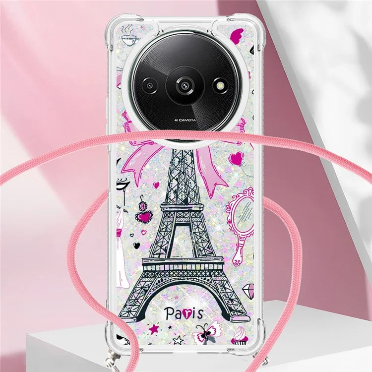 YB Quicksand Series-5 for Xiaomi Redmi A3 Case Liquid Sparkle TPU Pattern Lanyard Phone Cover