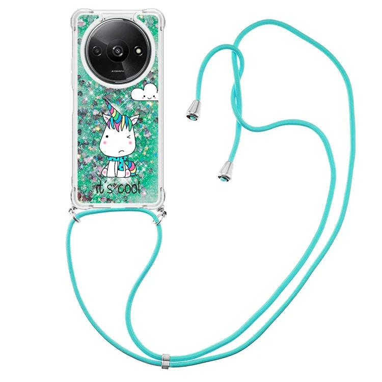 YB Quicksand Series-5 for Xiaomi Redmi A3 Case Liquid Sparkle TPU Pattern Lanyard Phone Cover
