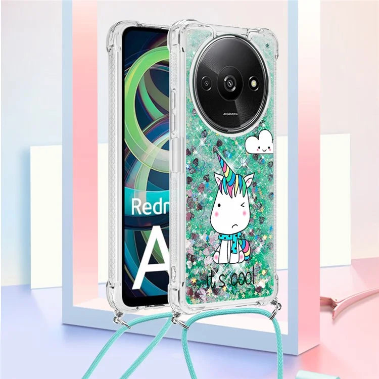 YB Quicksand Series-5 for Xiaomi Redmi A3 Case Liquid Sparkle TPU Pattern Lanyard Phone Cover