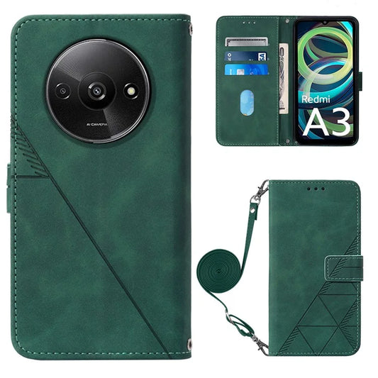YB Imprinting Series-2 for Xiaomi Redmi A3 Case PU Leather Shoulder Strap Line Pattern Phone Coverish Green
