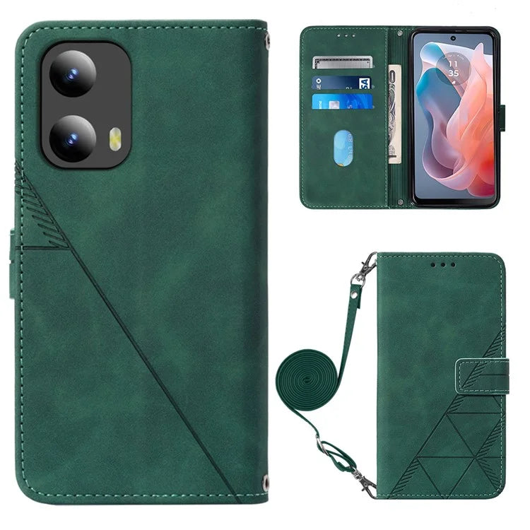 YB Imprinting Series-2 for Motorola Moto G Play 5G (2024) / Moto G 5G (2024) Case Leather Stand Phone Cover with Shoulder Strapish Green