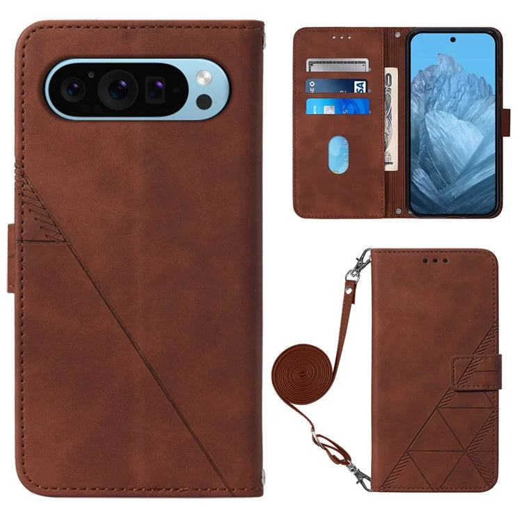 YB Imprinting Series-2 for Google Pixel 9 Case Cell Phone Imprinted Leather Stand Cover with Shoulder Strap