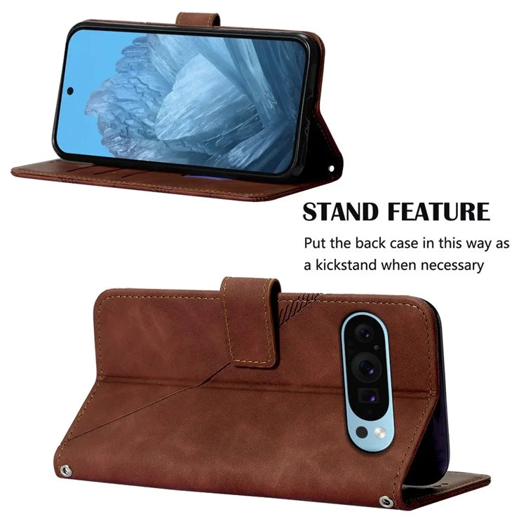 YB Imprinting Series-2 for Google Pixel 9 Case Cell Phone Imprinted Leather Stand Cover with Shoulder Strap