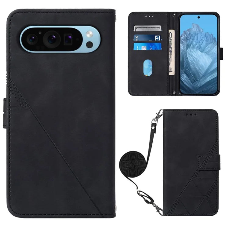 YB Imprinting Series-2 for Google Pixel 9 Case Cell Phone Imprinted Leather Stand Cover with Shoulder Strap