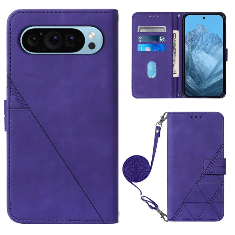 YB Imprinting Series-2 for Google Pixel 9 Case Cell Phone Imprinted Leather Stand Cover with Shoulder Strap