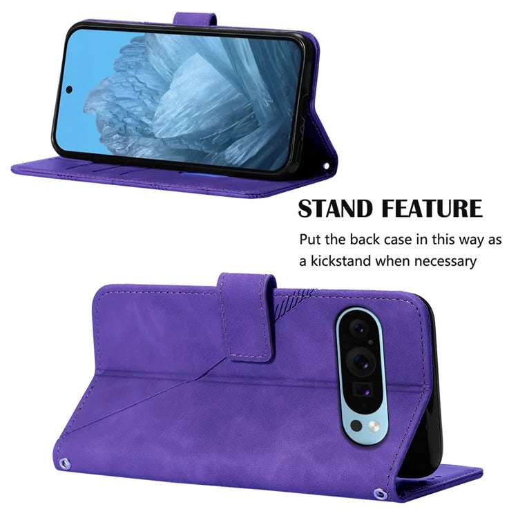 YB Imprinting Series-2 for Google Pixel 9 Case Cell Phone Imprinted Leather Stand Cover with Shoulder Strap
