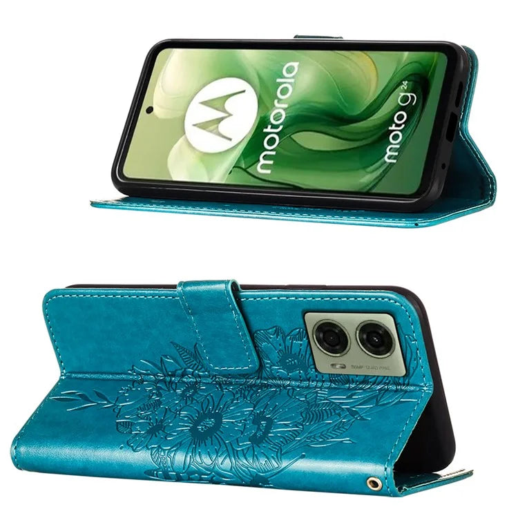 YB Imprinting Series-4 For Motorola Moto G04 4G / Moto G24 4G Case Flip Stand Floral Butterfly Phone Cover