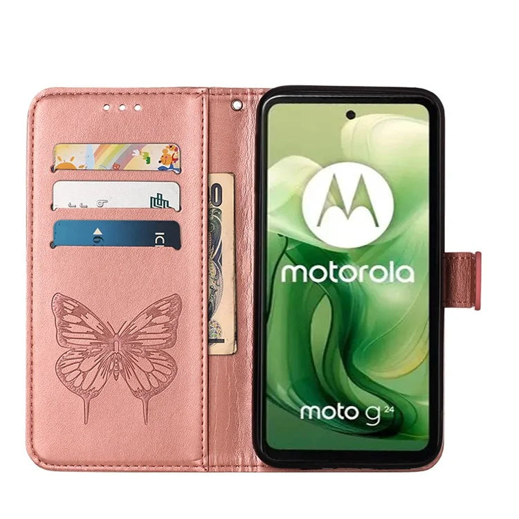 YB Imprinting Series-4 For Motorola Moto G04 4G / Moto G24 4G Case Flip Stand Floral Butterfly Phone Cover