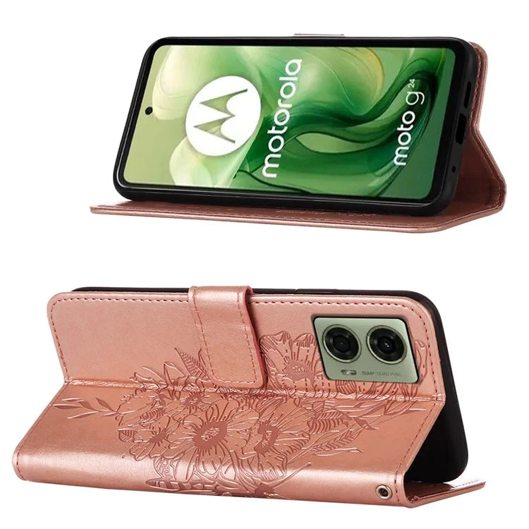 YB Imprinting Series-4 For Motorola Moto G04 4G / Moto G24 4G Case Flip Stand Floral Butterfly Phone Cover