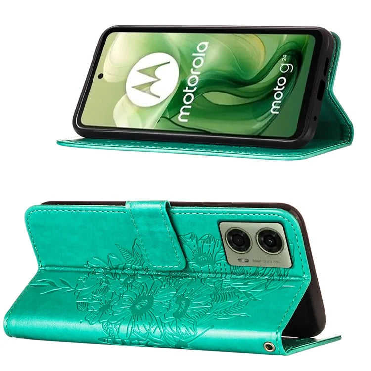 YB Imprinting Series-4 For Motorola Moto G04 4G / Moto G24 4G Case Flip Stand Floral Butterfly Phone Cover