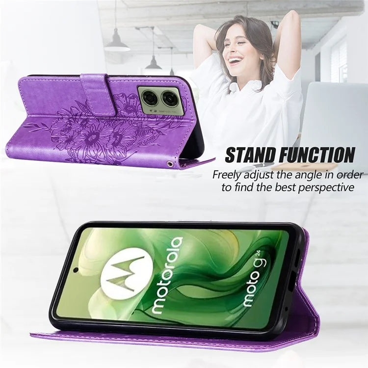 YB Imprinting Series-4 For Motorola Moto G04 4G / Moto G24 4G Case Flip Stand Floral Butterfly Phone Cover