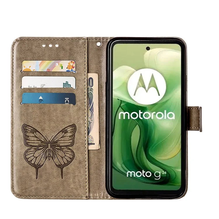 YB Imprinting Series-4 For Motorola Moto G04 4G / Moto G24 4G Case Flip Stand Floral Butterfly Phone Cover
