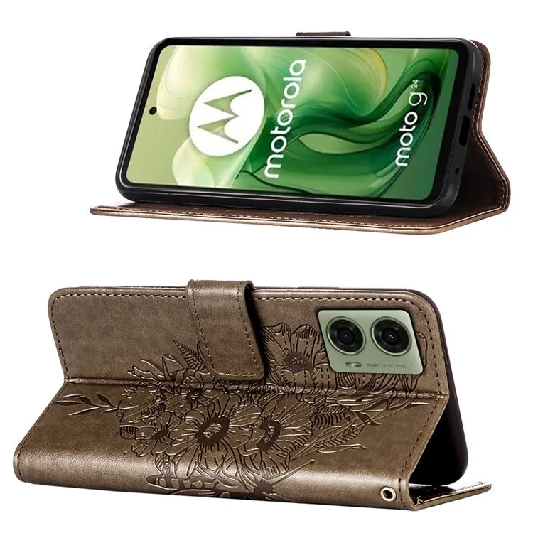 YB Imprinting Series-4 For Motorola Moto G04 4G / Moto G24 4G Case Flip Stand Floral Butterfly Phone Cover