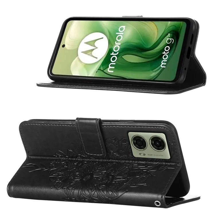YB Imprinting Series-4 For Motorola Moto G04 4G / Moto G24 4G Case Flip Stand Floral Butterfly Phone Cover