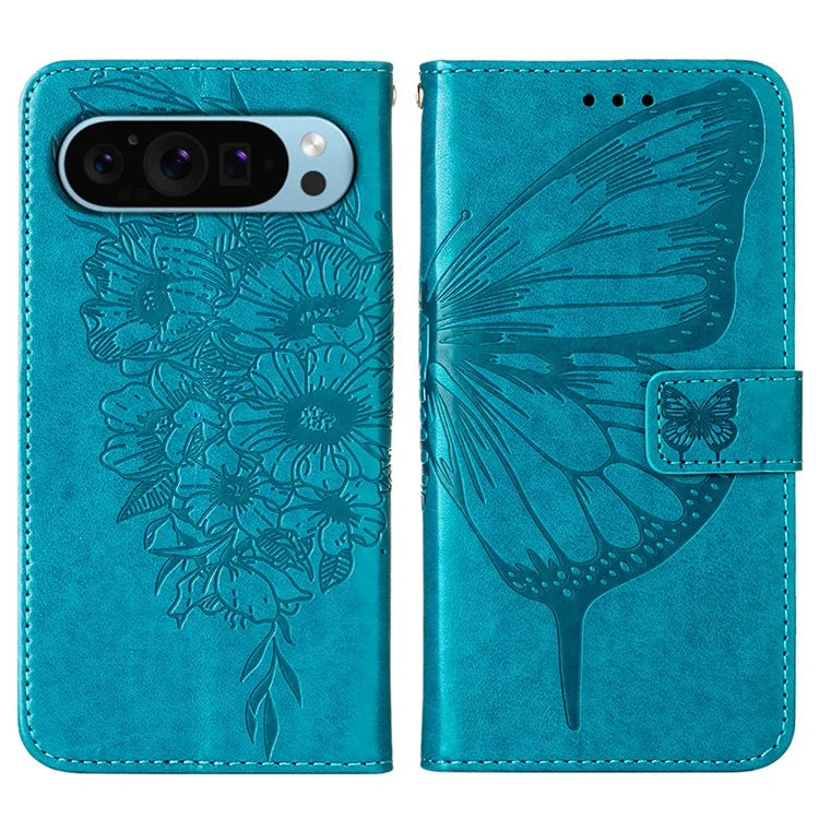 YB Imprinting Series-4 For Google Pixel 9 PU Leather Case Butterfly Pattern Cover with Wrist Strap