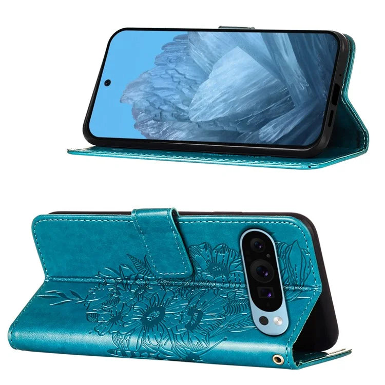 YB Imprinting Series-4 For Google Pixel 9 PU Leather Case Butterfly Pattern Cover with Wrist Strap