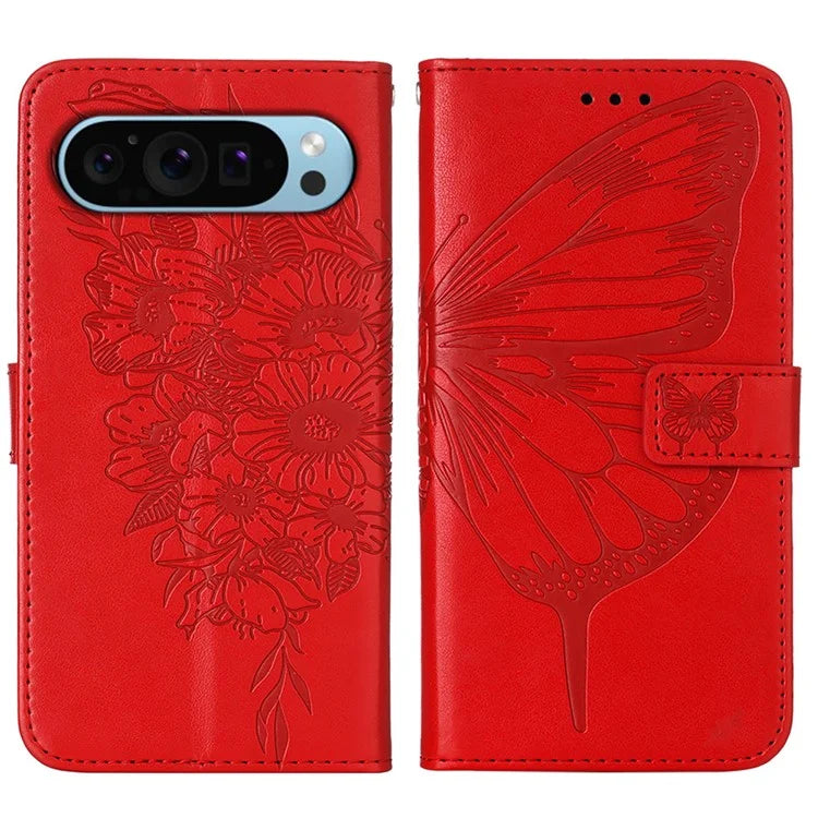 YB Imprinting Series-4 For Google Pixel 9 PU Leather Case Butterfly Pattern Cover with Wrist Strap
