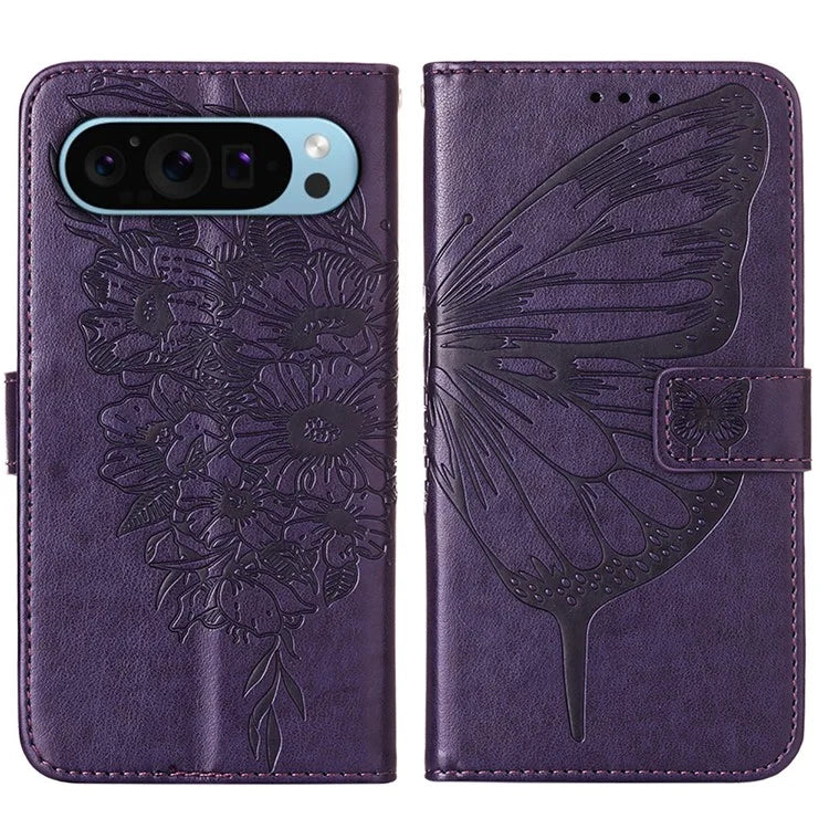 YB Imprinting Series-4 For Google Pixel 9 PU Leather Case Butterfly Pattern Cover with Wrist Strap