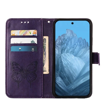 YB Imprinting Series-4 For Google Pixel 9 PU Leather Case Butterfly Pattern Cover with Wrist Strap