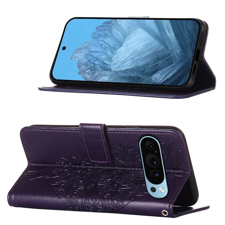YB Imprinting Series-4 For Google Pixel 9 PU Leather Case Butterfly Pattern Cover with Wrist Strap