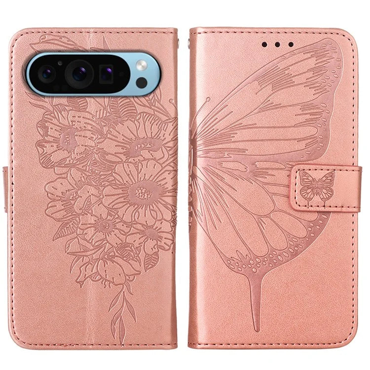 YB Imprinting Series-4 For Google Pixel 9 PU Leather Case Butterfly Pattern Cover with Wrist Strap