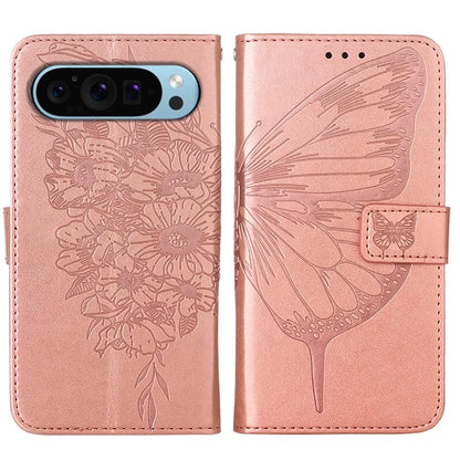 YB Imprinting Series-4 For Google Pixel 9 PU Leather Case Butterfly Pattern Cover with Wrist Strap