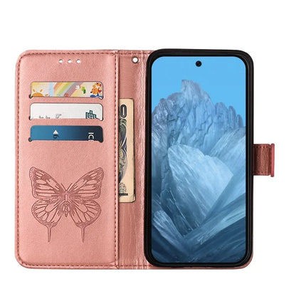 YB Imprinting Series-4 For Google Pixel 9 PU Leather Case Butterfly Pattern Cover with Wrist Strap