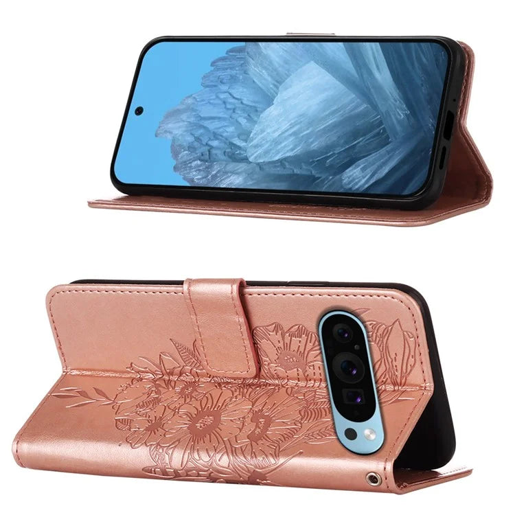 YB Imprinting Series-4 For Google Pixel 9 PU Leather Case Butterfly Pattern Cover with Wrist Strap