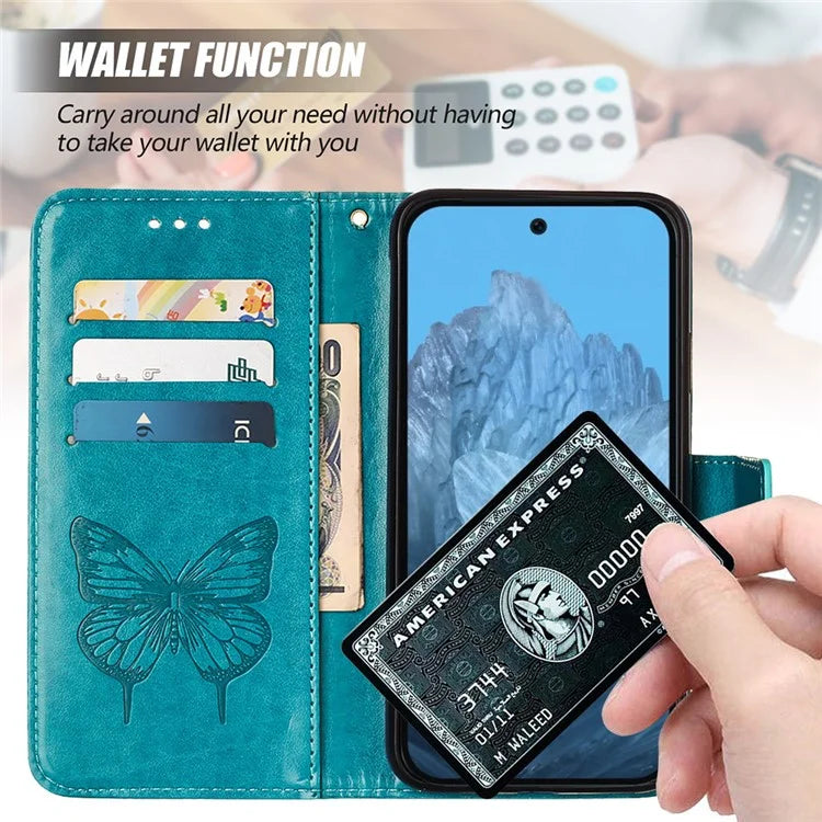 YB Imprinting Series-4 For Google Pixel 9 PU Leather Case Butterfly Pattern Cover with Wrist Strap