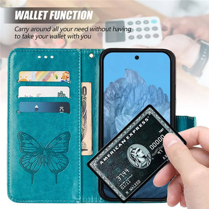 YB Imprinting Series-4 For Google Pixel 9 PU Leather Case Butterfly Pattern Cover with Wrist Strap
